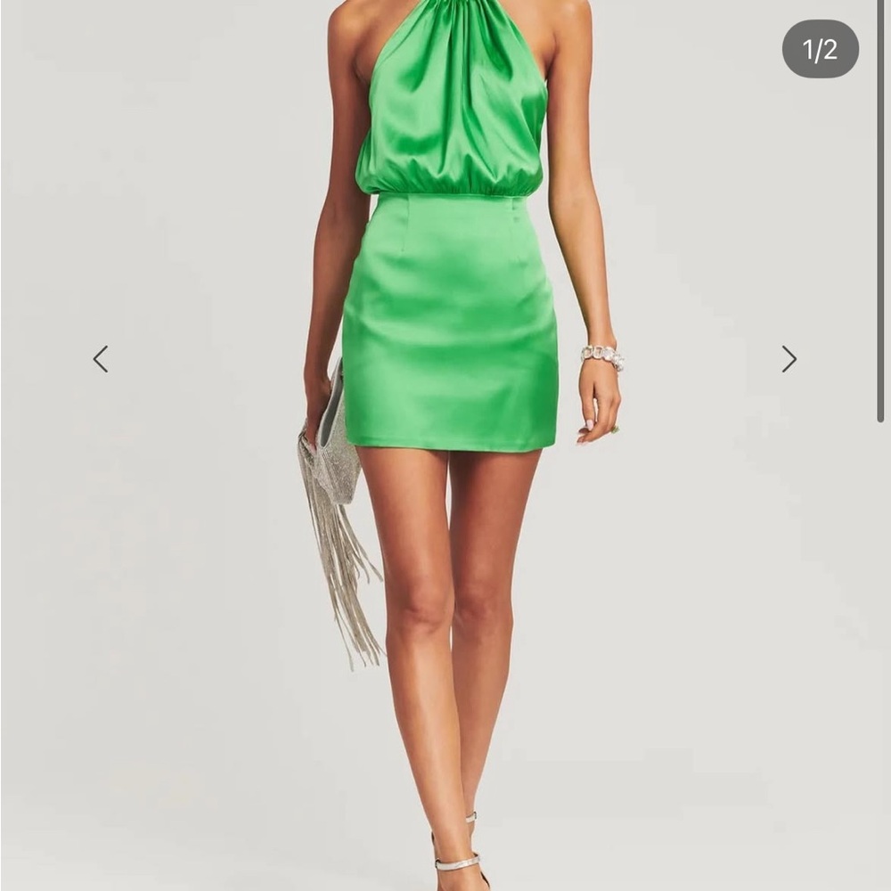 Retrofete Green Satin Halter Mini Dress